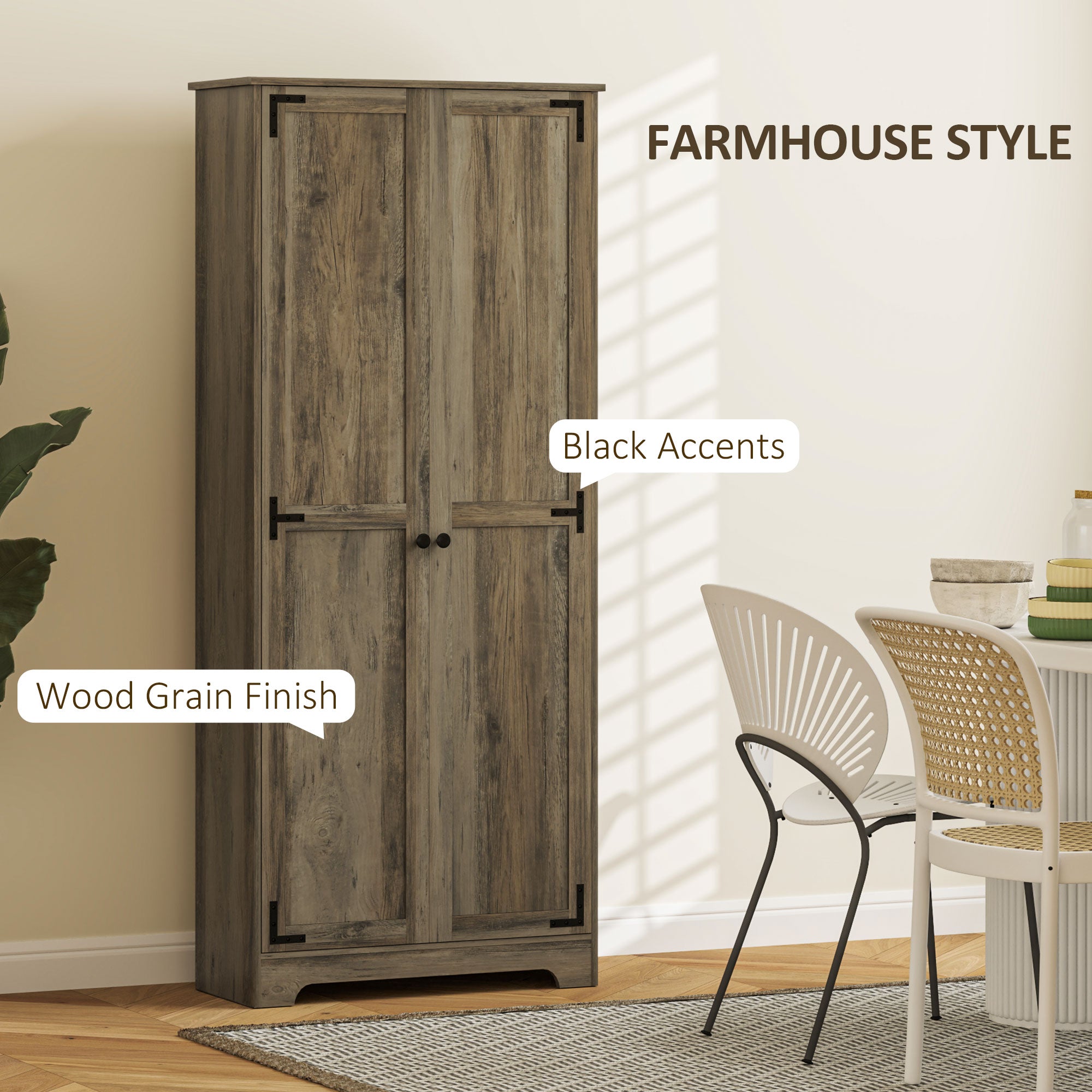 HOMCOM Farmhouse Kitchen Cupboard, Freestanding Kitchen Storage Cabinet with Adjustable Shelves, Tall Storage Cabinet with Recessed Doors, Grey Wood-Effect